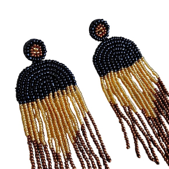 Iridescent Black Rice Beads Chandelier Earrings Bohemian Ear Jewelry Boho - Picture 2 of 4